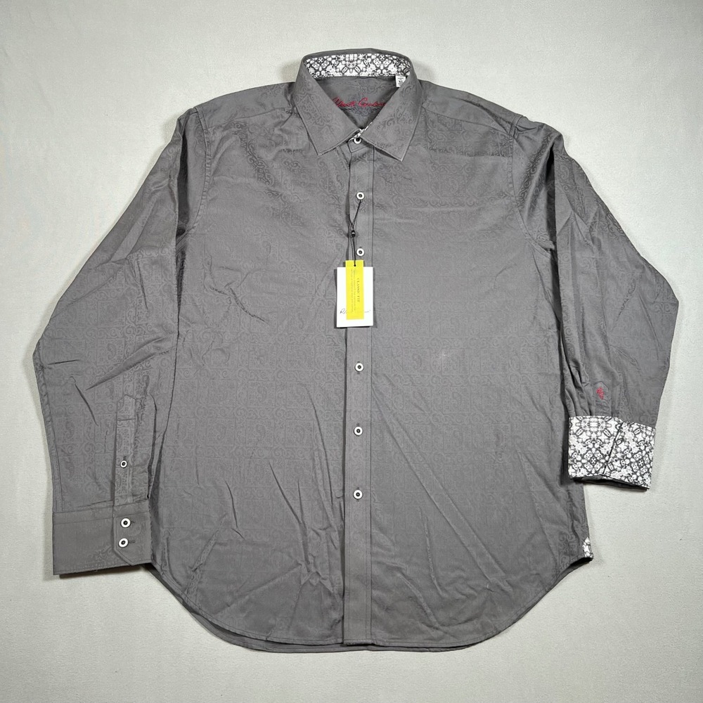 Robert Graham Windsor Shirt Mens XL Charcoal Gray Jacquard Paisley Flip Cuff New